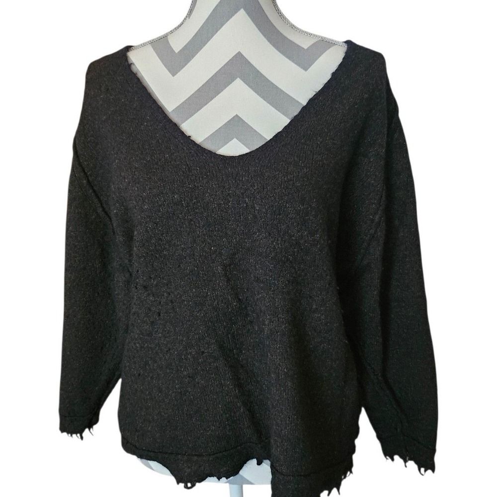 Free People Wool Blend V-Neck Distressed Hem Sweater Charcoal Black Marl